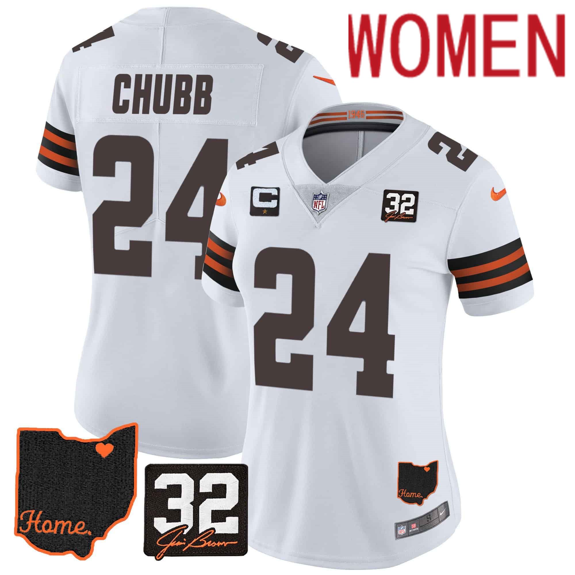 Women Cleveland Browns 24 Chubb White Memorial Home Patch 2024 Nike NFL Jersey